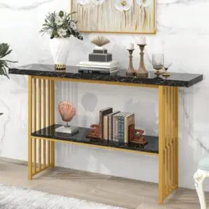 Contemporary Console Table with Metal Frame - Black and White MDF Marble Finish