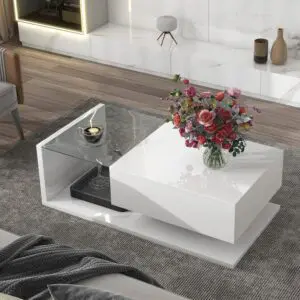 Alternative view of Minimalist White Modern Coffee Table with Tempered Glass Top