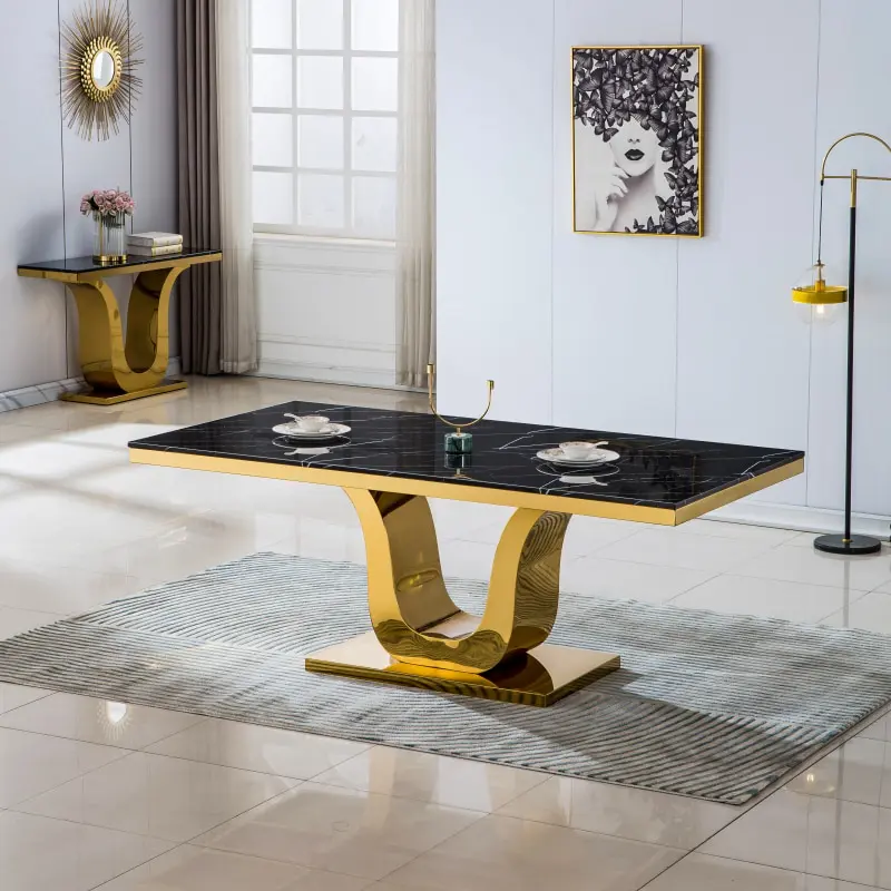 Modern Rectangular Marble Dining Table with U-Shape Gold Stainless Steel Base
