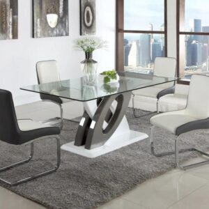 Modern Dining Table with Tempered Glass Top with Two-Tone White and Grey Base Image